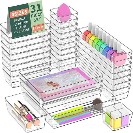 Lot de 31 Organisateurs de Tiroir, Rangement Tiroir en Plastique Transparent, Bacs de rangement avec 4 Tailles pour salle de bain, coiffeuse, Cuisine, Bureau, Papeterie, per Cosmétiques,Bijoux (1/5)