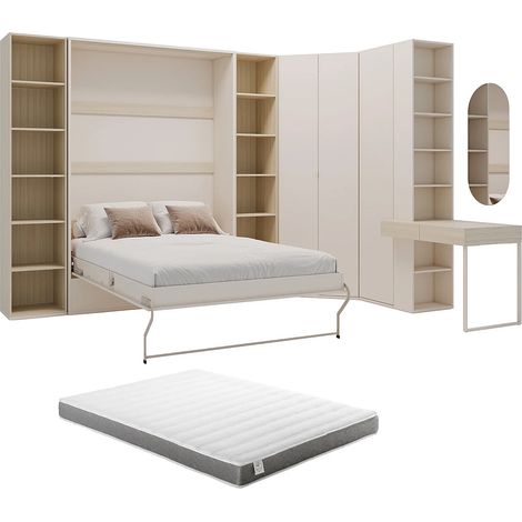 Lit escamotable vertical 140 x 200 cm - Avec 2 bibliothèques, armoire, coiffeuse et armoire d'angle - Beige et naturel + Matelas - NILODIA (1/5)