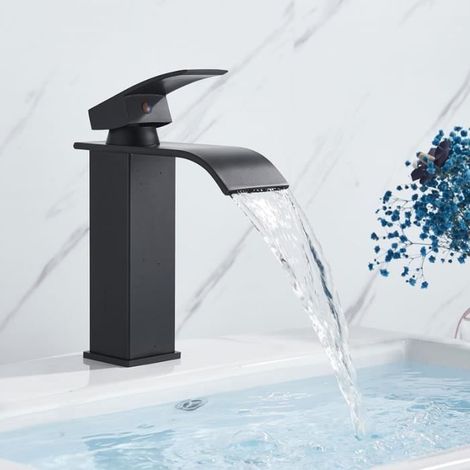 1 Robinet Mitigeur Lavabo Cascade, Laiton, Noir Mat, 1 Trou, Salle de Bain (1/4)