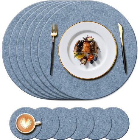 Lot de 6 sets de table ronds en cuir (34 cm) et dessous de verre (10 cm) résistants à la chaleur, antidérapants, lavables, bleu. (1/5)