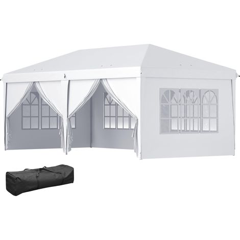 Tonnelle de jardin pliante 6 x 3 m, 6 parois en acier et toile Oxpourd, avec cordes et piquets, blanche