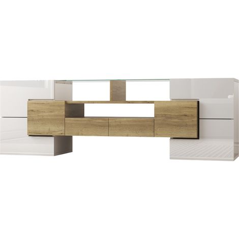 Meuble TV blanc brillant 145 cm, design moderne avec surface en verre, rangement pour salon