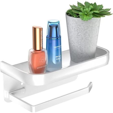 Soporte para papel higiénico de aluminio sin necesidad de taladrar, con estantes espaciosos, autoadhesivo y de montaje en pared para baño y cocina (blanco).