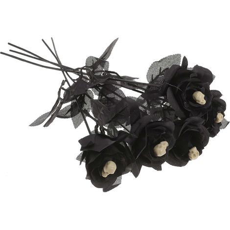 Fleurs artificielles noires, roses factices, décoration compatible Halloween, 5 pièces, motif crâne (1/5)