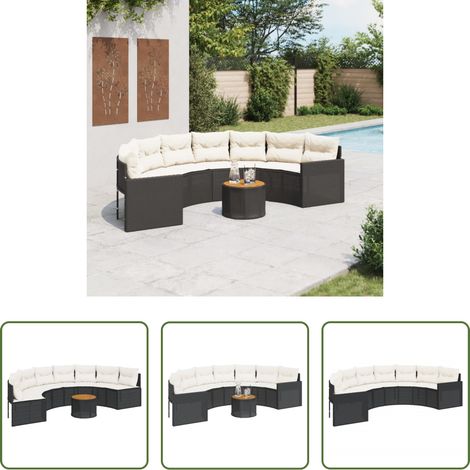 Gartentisch - Gartensofa mit Tisch und Kissen Halbrund Schwarz Poly-Rattan (1/5)