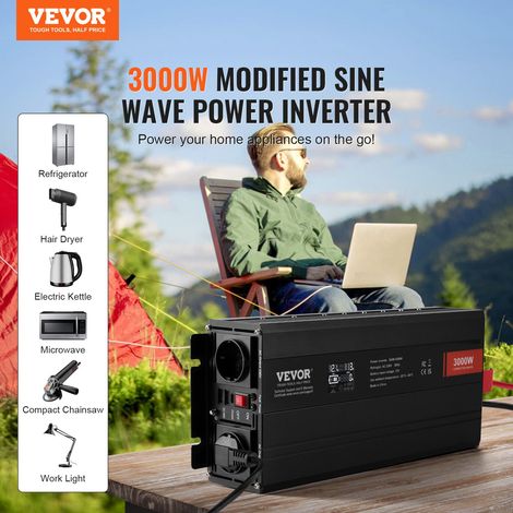 Onduleur à onde sinusoïdale modifiée, 3000 W, CC 12 V à CA 230 V, écran LCD, avec 3 prises CA, 2 ports USB, 1 port de type C, 10 fu… (1/5)