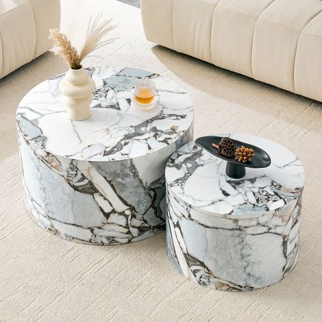Ensemble de 2 tables basses rondes gigognes avec rangement, en MDF imitation bois, d'environ 62,8 cm/44 cm de diamètre, avec couvercle amovible et compartiment de rangement. (1/4)