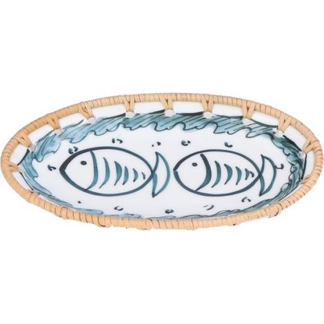 Assiette à fruits ovale en rotin et céramique, idéale pour les mariages, les banquets et les anniversaires, bleu foncé Poissons (1/5)