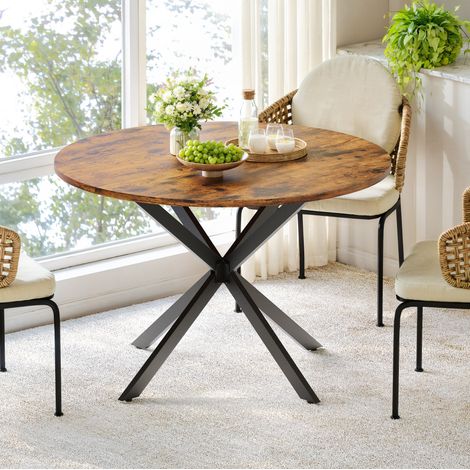Table à manger ronde industrielle 120 cm avec plateau bois vintage brun, pieds X en métal noir, pour 4 à 6 personnes, stable et facile à monter pour cuisine ou salle à manger CHICFURN (1/5)