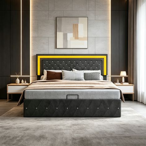 Lit coffre 160x200 cm, Lit capitonné velours avec rangement, Tête de lit avec éclairage LED, Sommier en bois massif (1/5)