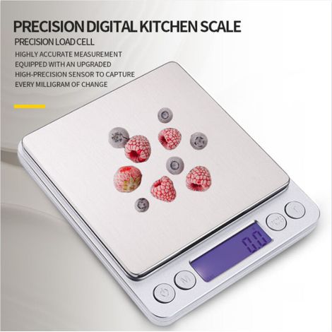 Balance de cuisine électronique, pesage de haute précision jusqu'à 0,1 g, panneau en acier inoxydable, écran LCD, balance portable au gramme près, poids maximum 3 kg. (1/4)