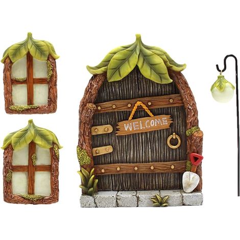 Miniatur-Feenzwerg für Zuhause, beleuchtetes Fenster und Tür aus Kunstharz, Gartendekoration, im Dunkeln leuchtende Dekostatuen (Blattmuster) (1/5)