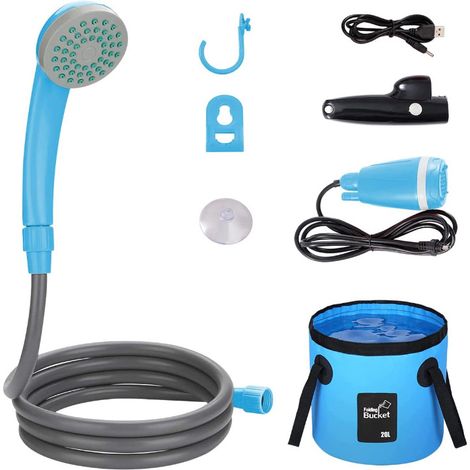 Douche de voiture portable avec chargement sans fil USB et seau de 20 L, noir/bleu-AquaForge