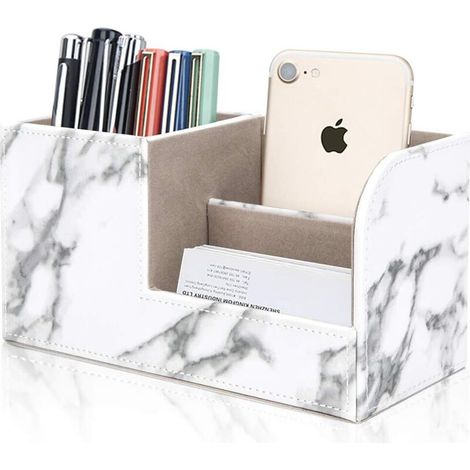 Boîte de rangement de bureau, porte-stylo multifonctionnel, support de bureau en cuir PU en marbre blanc à la mode, convient pour la boîte de rangement de papeterie, carte de visite, stylo, téléphone