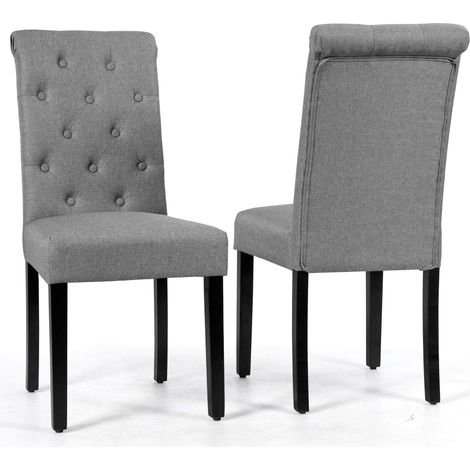 Set di 2 sedie da pranzo imbottite, lino grigio, gambe in legno di caucciù