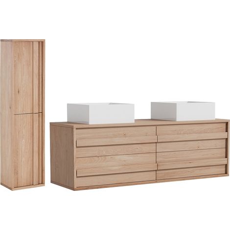 Meuble de salle de bain suspendu en chêne massif avec double vasque à poser carrée et colonne  - Naturel clair - 150 cm - SARLO