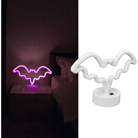 Neon-LED-Tischlampe für Schlafzimmer, Bar, Partydekoration, Nachtlicht, Betrieb über USB oder Batterien, mit Sockel, fledermausförmiges Design. (1/5)