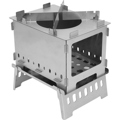 Réchaud de camping pliable et portable en acier inoxydable, résistant au vent et fonctionnant au bois, idéal pour la chasse, la randonnée et le camping. (1/5)
