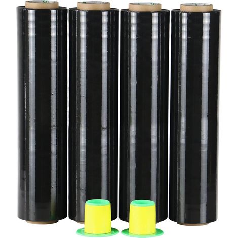 Noir Film étirable demenagement de film emballage, Cling Film 250m x 400 mm x 17 µm avec poignée de roulement en plastique, pour emballage et déménagement, 4 Rouleaux (1/5)