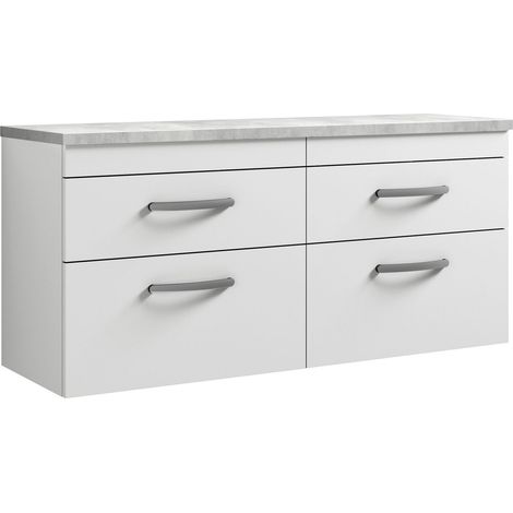 Millwich Contemporary 4 Drawer Wall Hung Vanity Unit with Laminate Black Galaxy Granite Worktop, Gloss White, 1200mm