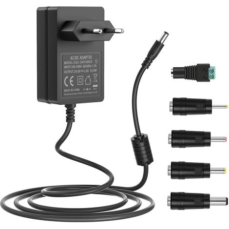 Alimentation 24V, Cordon d’Alimentation 24Volt DC Compatible avec LED Bande Lumineuse CCTV Caméra Lampe à Ongles Diffuseur d’huiles essentielles Pistolet de Massage, avec 5 Embouts DC (1/5)