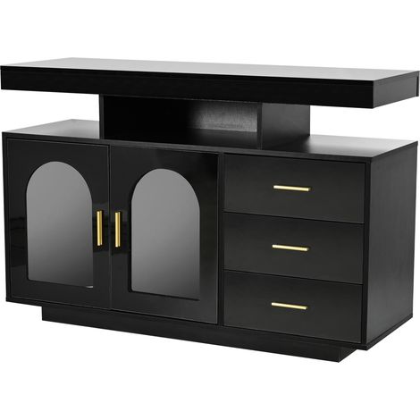 Credenza LED nera 120 cm con 3 cassetti e 2 ante, in truciolare e acrilico (1/5)