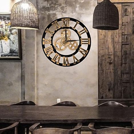 Grande horloge murale sans bruit de tic-tac - 58 cm - Horloge silencieuse 3D - Vintage - Grande taille - Chiffres romains - Horloge suspendue pour salon, cuisine, chambre à coucher - Doré (1/3)