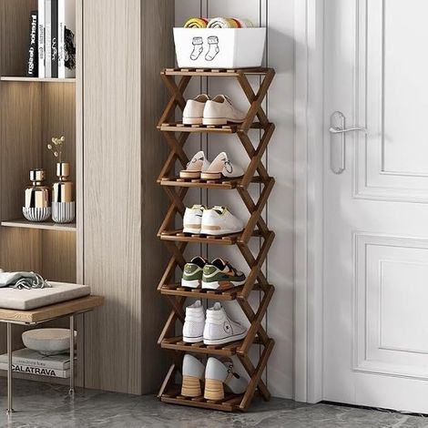 Shoe Rack, Vertical Bamboo Shoe Rack, Tall for Small Spaces, Narrow Shoe Rack for Entryway, Bedroom, Hallway, Brown, 7 Levels (1/3)