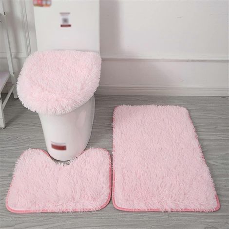 Ensemble de 3 pièces, tapis de bain antidérapant rose, tapis de toilette contour duveteux, housse de siège de toilette duveteuse