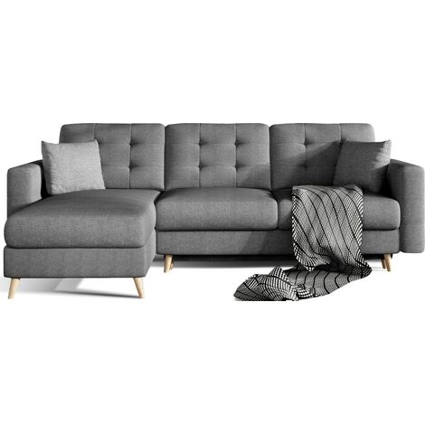 Canapé d'angle convertible et réversible tissu ANSKA - Pieds bois naturel-Gris foncé (1/5)