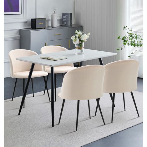 Hallowood Furniture Cullompton Dining Table and Chairs Set 4, Rectangular White Marble Effect Kitchen Table and Curved Back Beige Fabric Chairs, Modern Dining Room Sets for Home and Cafe (1/5)