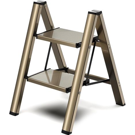 2-step ladder, folding step stool with wide non-slip footrest, lightweight yet sturdy aluminum material, 150kg load capacity, Champagne Gold (1/5)