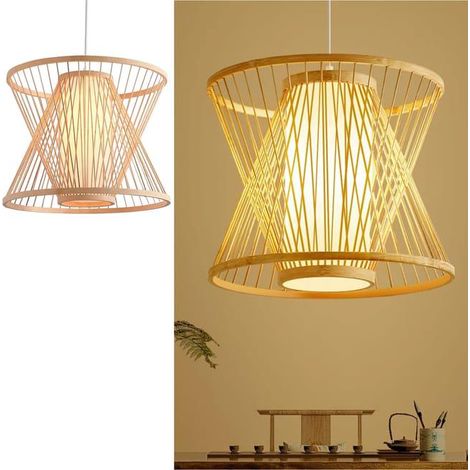Lampe Suspendue en Osier "Hinata" – Style Oriental Fabriquée à la Main avec Double Couvercle Floron et Câble Blanc, E27 (1/2)