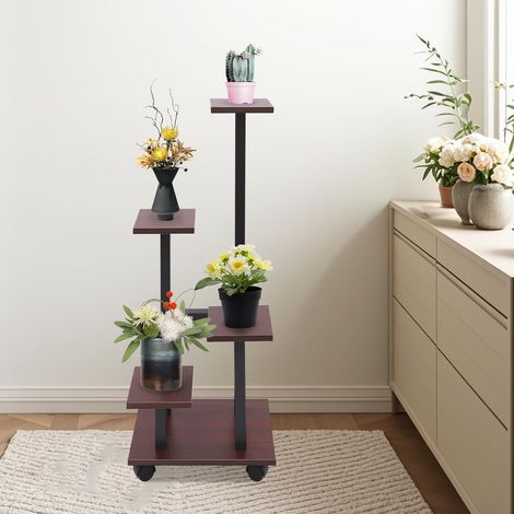 5 Tier Plant Stand with 4 Wheels, Load Capacity 15-20kg per Level, Modern for Indoor and Outdoor Living Room Balcony Garden Patio (Black, Brown Red) (1/5)