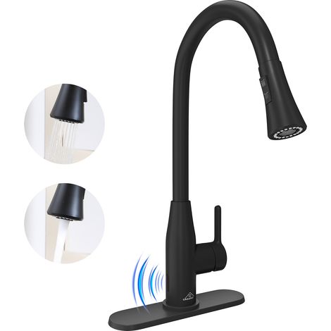 Robinet de cuisine thermostatique à double commande avec douchette extractible, noir mat, à poignée unique, montage sur plage, sans contact (plaque de montage incluse) (1/4)