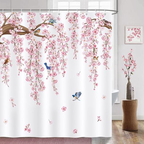 Rideau de Douche Fleurs Cerisier Rose Sakura Oiseaux Rideau de Bain Tissu Polyester Anti Moisissure Imperméable Lavable Rideaux Salle de Bain 180 x 180 cm avec 12 Crochets pour Baignoire (1/4)