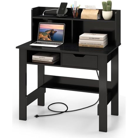 COSTWAY Bureau d'Ordinateur avec Prises de Courant et Ports USB & Type-C, Bureau avec Rangement, Étagère Ouverte & Tiroir, pour Bureau à Domicile, Étude, Chambre (Noir) (1/5)