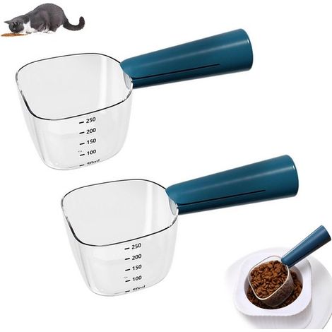 Lot de 2 pièces - Cuillère doseuse pour croquettes - Cuillère à mesurer - Cuillère doseuse pour animaux - Pince pour sac - Graduations - 250 ml - 18,5 × 6,5 × 6,5 cm - Bleu - Accessoire pour nourrir l (1/5)