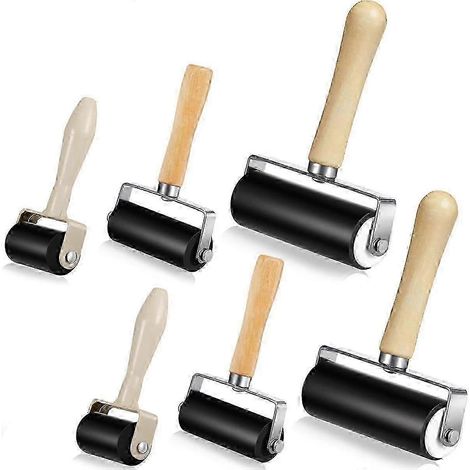 Ensemble de 6 rouleaux en caoutchouc, 3 tailles, manche en caoutchouc et en bois, pour la gravure, l'encrage, l'application d'adhésif, le tamponnage et la réalisation de papier peint. (1/5)