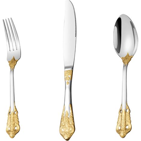3 pièces couverts Divers accessoire de portail, acier inoxydable, finition argentée avec accents dorés, compatible lave-vaisselle (1/5)