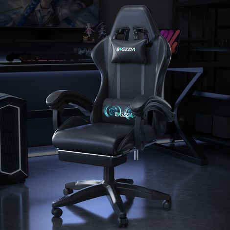 Ergonomic Gaming Chair Massage Recliner Footrest PU Leather Black (1/5)