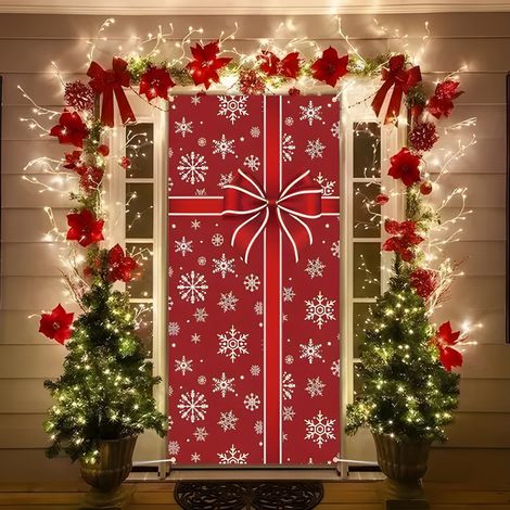 Nouveaux rideaux de porte de Noël, décorations festives, rideaux de porte, drapeaux, drapeaux d'extérieur - 90 x 180 cm (perforés + ruban) - 2
