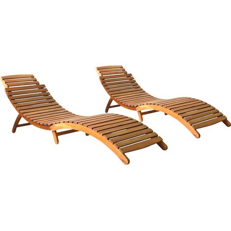 Lot de 2 transats chaise longue bain de soleil lit de jardin terrasse meuble d'extérieur bois d'acacia solide