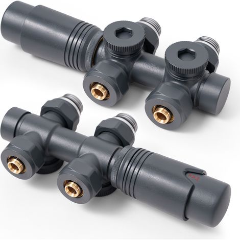 Lot de 2 robinets thermostatiques radiateur Multibloc anthracite G1/2 pour tubes 15/16 mm S'AFIELINA