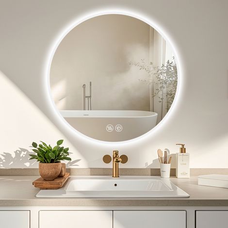 Espejo de baño redondo con luz 70 cm, regulable, 3 tonos, antivaho, plata HAVRYA (1/5)