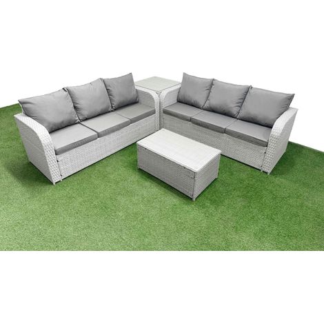 Fimous Outdoor Garden Furniture Sets 6 Seater Wicker Rattan Furniture Sofa Sets with Rectangular Coffee Table high Back Lounge Sofa Side Table Light Grey (1/4)