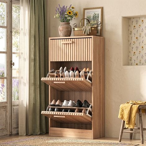 Meuble à chaussures 60 cm, pliable, design à trois étagères, poignées en bois massif, structure en bois, adapté aux couloirs et entrées, Coloris Bois