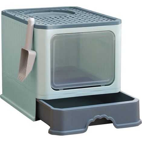 Litière pour chat fermée, pliable, avec couvercle tiroir, litière pour chat, facile à nettoyer et grande capacité - 50 x 35 x 38 cm - vert bleu foncé (1/5)
