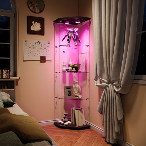 Vetrina angolare in vetro 162 cm con 4 ripiani, design pentagonale, luce LED touch, vetrina per collezione – Nero
