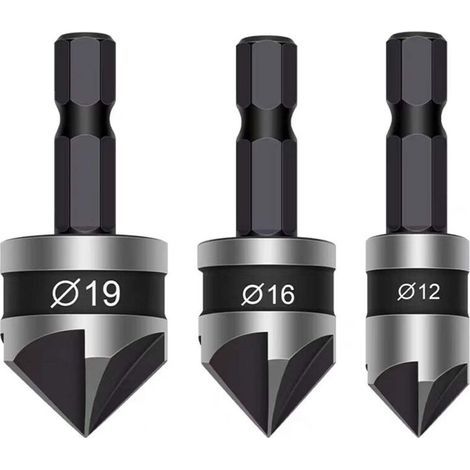 Juego de 3 brocas cónicas con vástago hexagonal de 6,35 mm, 5 estrías, centro a 90 grados, 12 mm, 16 mm, 19 mm para carpintería, taladrado de madera, metales blandos (negro) (1/5)